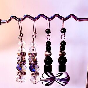 Earrings Pierced Handcrafted Unique Faceted Glass Beads Rhinestones& Black/White